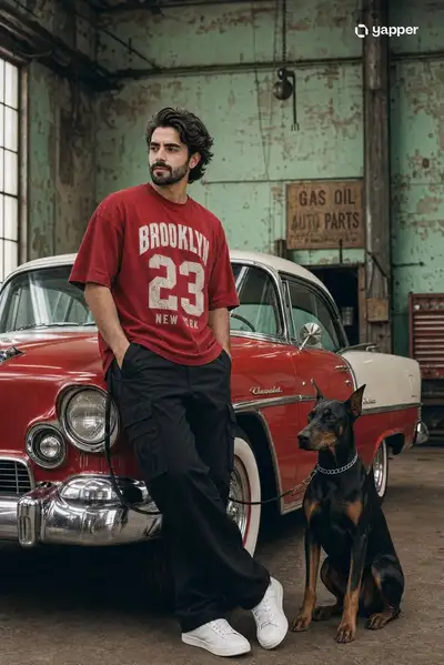 Streetwear Man With Vintage Chevrolet and Doberman in Garage