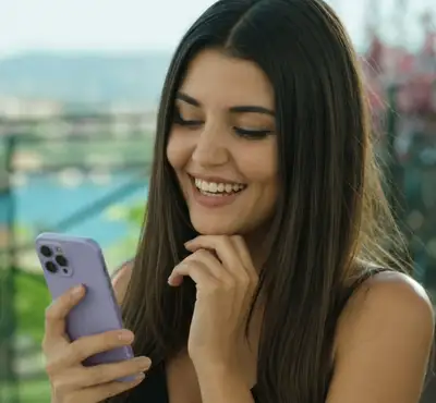 Realistic Portrait of Woman with Smartphone by Water