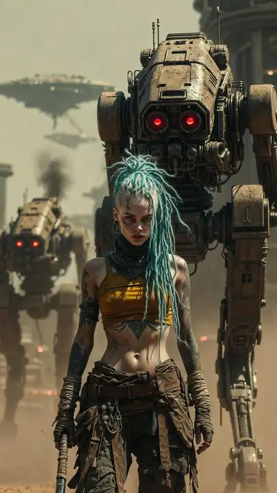 Post-Apocalyptic Punk Woman with Walker Mech
