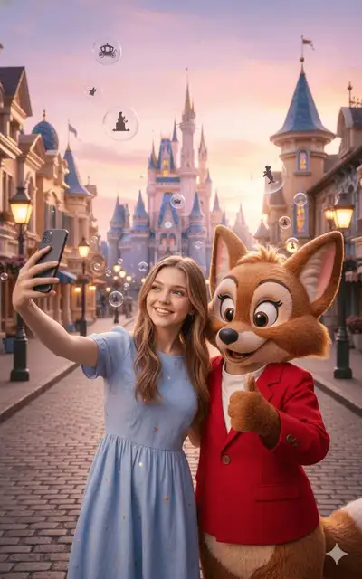 Joyful selfie with fox mascot at fairytale theme park