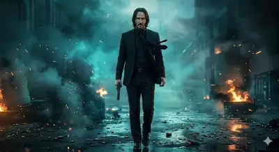 Cinematic Portrait of a Brooding Man in War-Torn Urban Setting