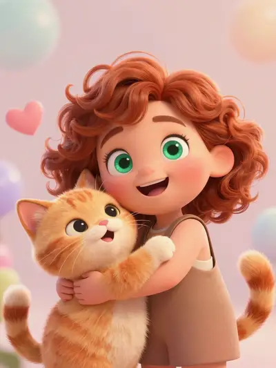 Pixar-artiges Mädchen umarmt einen flauschigen orangen Kater