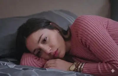 Cinematic Somber Woman on Bed