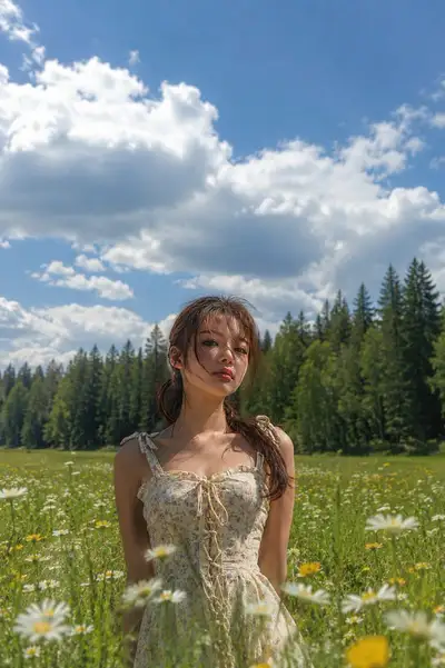 野生の花の草原での超フォトリアリスティックな屋外ファッションポートレート