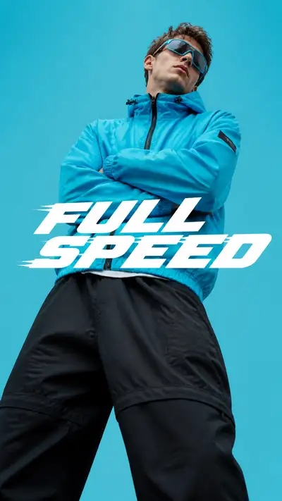 Luxury editorial fashion campaign with cyan windbreaker
