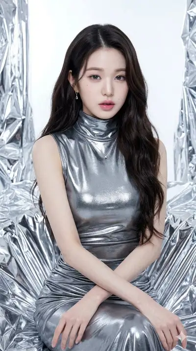 Futuristic silver metallic dress portrait in foil room