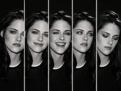 High-fashion poster with a face sliced into five expressions