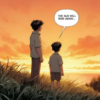 Bande dessinée - Case : Père et fils au coucher du soleil