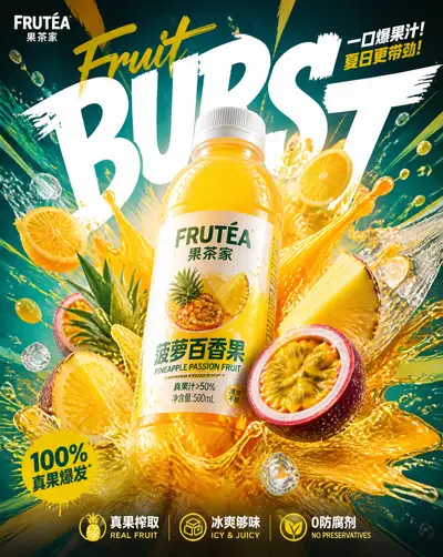 Fruit burst beverage advertisement template prompt, Chinese
