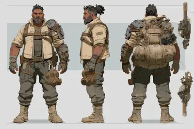 Post-apocalyptic scavenger character turnaround sheet