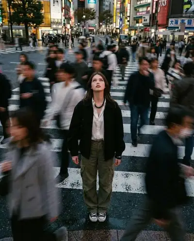 Cinematic street portrait with motion-blurred crowd