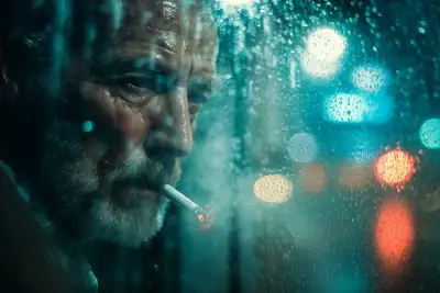 Moody subject seen through raindrop-covered glass