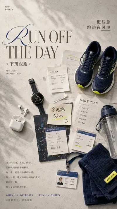 Flat-lay lifestyle poster mixing work items and sports gear