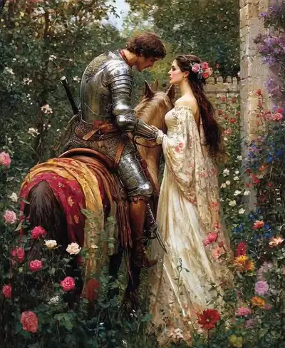Scène préraphaélite d'un chevalier et d'une dame (Grok Imagine)