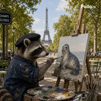 Photorealistic Raccoon Painter on Champs-Élysées