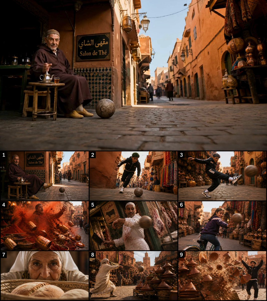 Moroccan souk football chain-reaction (10-cut video)