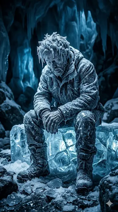 Frozen Ice-Covered Man Cinematic Scene