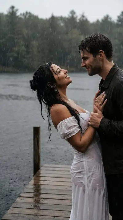 Cinematic Couple Rain Lakeside Photoreal Prompt