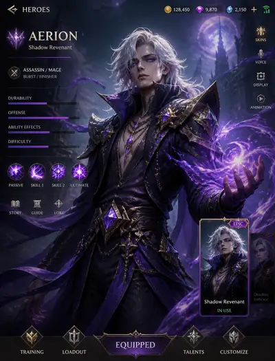 Cinematic idle animation prompt for MOBA hero splash art