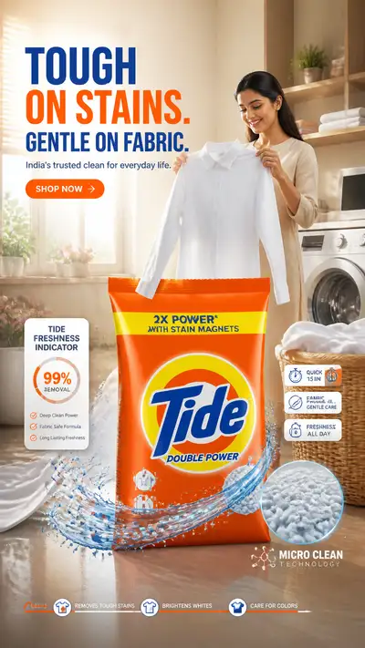 Premium FMCG poster for Tide detergent with stain-removal messaging