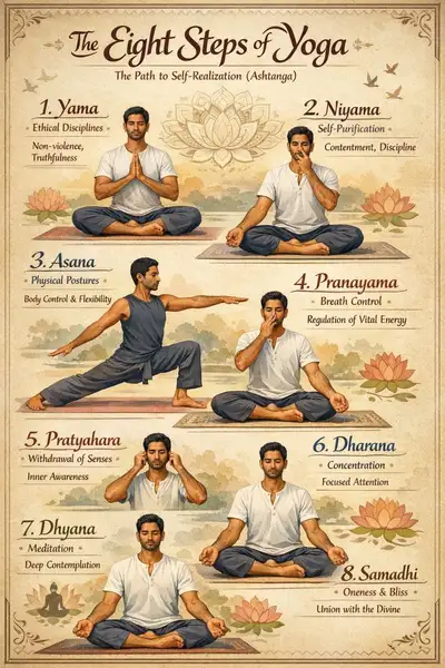 Yoga-Schritte-Infografik mit illustrierter Figur