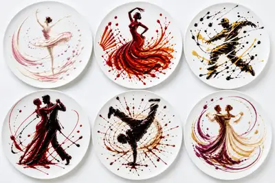 Prato de comida com coreografia de molho temático de dança