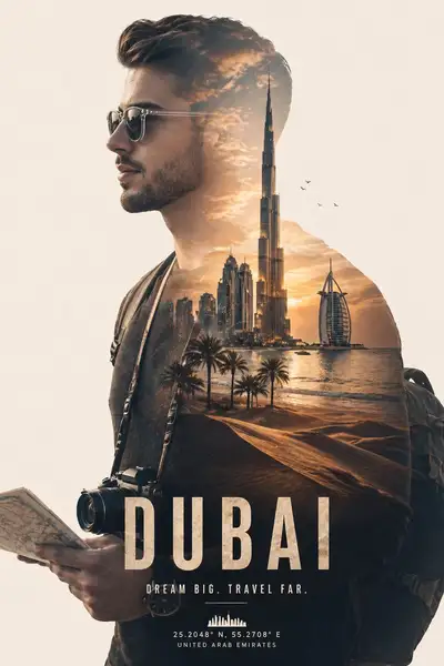 Portrait de voyageur en double exposition avec la skyline de Dubaï