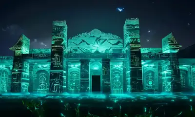 Ancient Egyptian Palace with Bioluminescent Plants and Futuristic Pharaohs