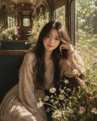 Dreamy Cinematic Portrait in a Blooming Train Carriage