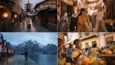 Cuadrícula 2x2 de fotografía de viaje con figura y destino
