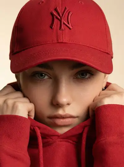 Tight beauty crop portrait wearing a red cap and hoodie