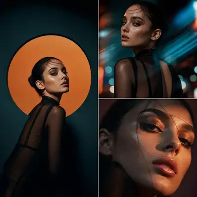 Cinematic multi-panel fashion editorial with neon city vibe