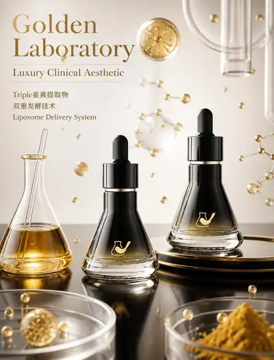 Publicité de soins de la peau en laboratoire doré avec technologie liposomale