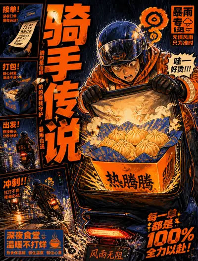 Manga-style delivery rider zine advertisement
