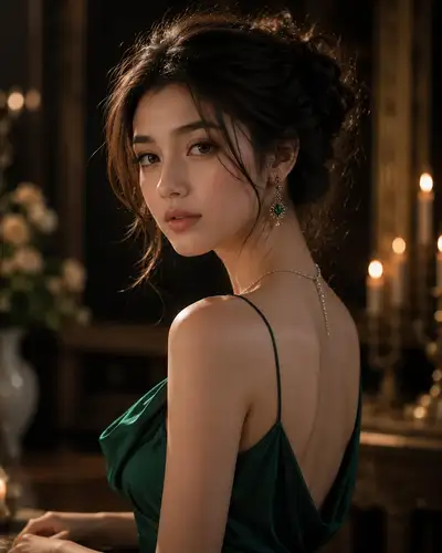 Retrato com vestido de noite de cetim esmeralda à luz de velas, imagem do ChatGPT