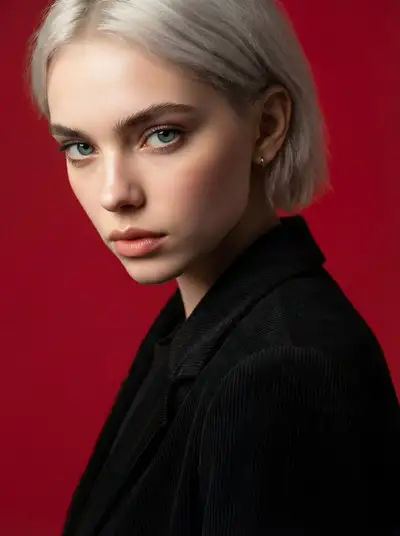 Studio face-swap portrait on a deep red backdrop