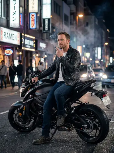 Cinematic night portrait of a man smoking on a motorbike
