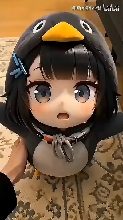 Cute Chibi Character in Penguin Costume Lying on Decorative Rug