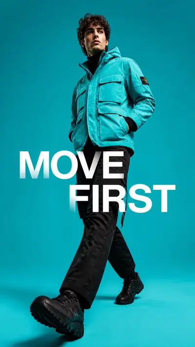 Turquoise utility jacket editorial with tracking shot