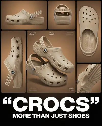 Multi-angle Crocs product collage advertisement poster