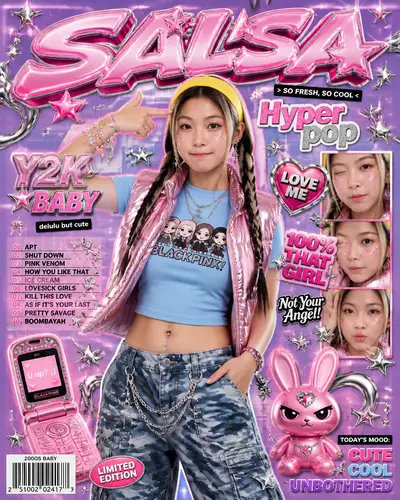 Y2K hyper pop magazine cover with chrome graphics and stickers