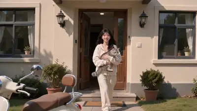 猫与滑板车并行的电影感镜头