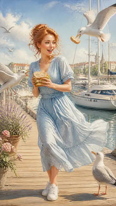 Seaside illustration of a woman and playful seagulls