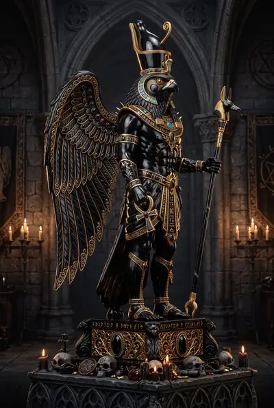 Goth-inspired obsidian and gold statue of Horus