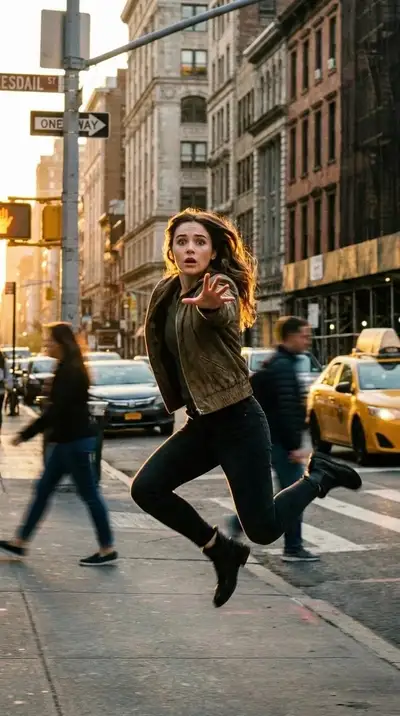 Freeze-frame jump shot of a woman on a New York street