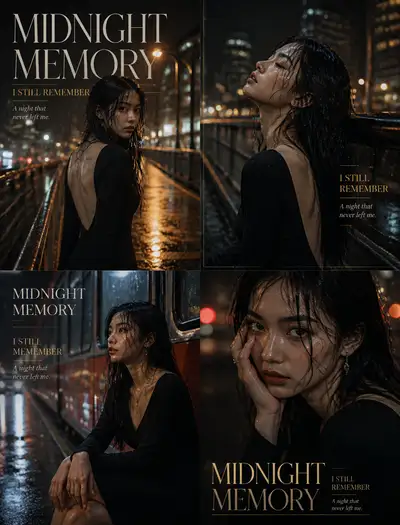 Cinematic rainy night portrait poster titled Midnight Memory
