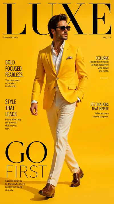 Wide-angle yellow blazer editorial magazine cover