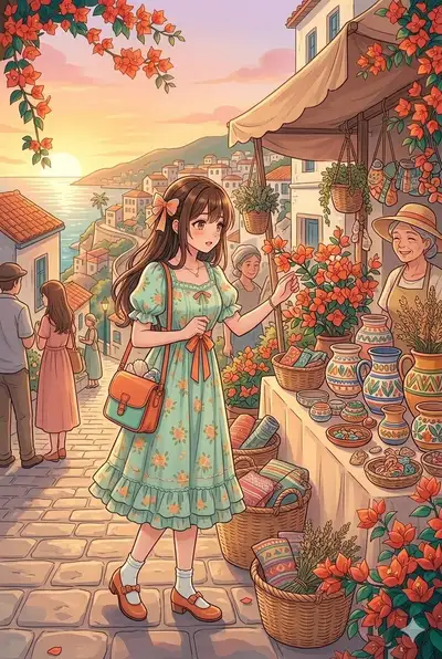 Anime Coastal Village Sunset Market Scene