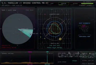 Generate a startling p5js starship control panel visualization