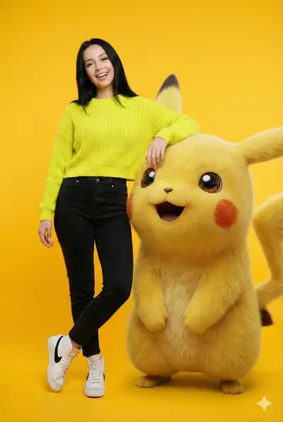 Foto de moda fotorrealista con un gigante Ben 10 en 3D activando el Omnitrix